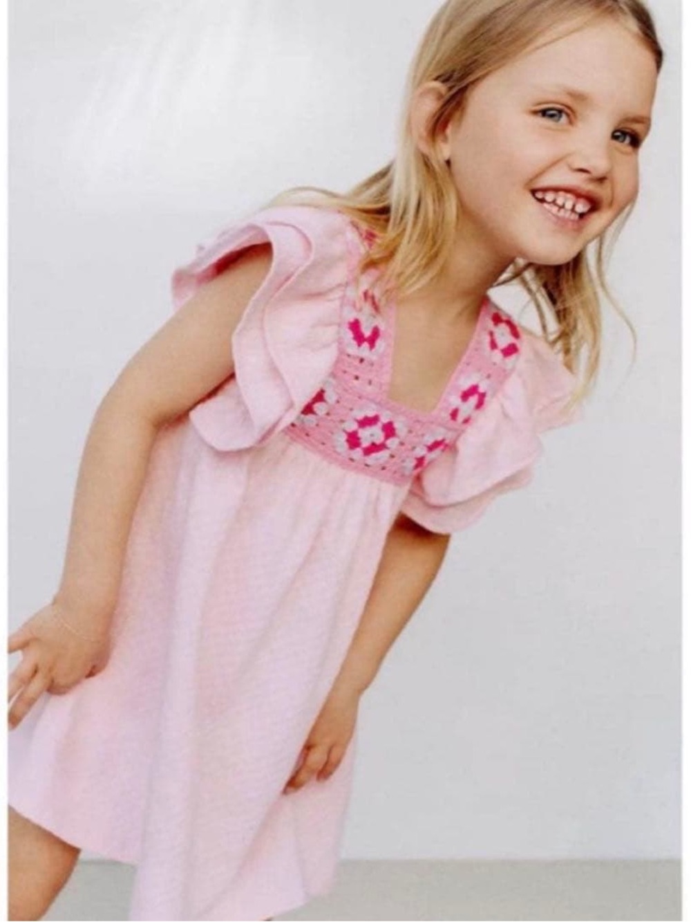 Zara Pink Ruffled Crochet Yoke Casual Dress